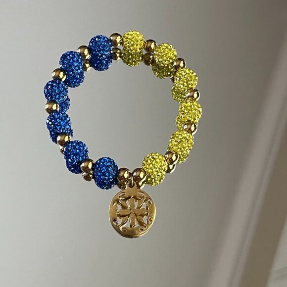 Rustic Cuff Metal Stainless Steel Shambala Beaded Stretch Bracelet yellow blue - Picture 3 of 3